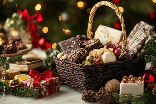 Holiday gift basket with gourmet treats and festive decorations