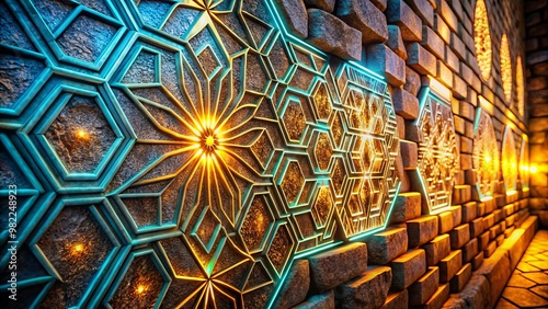 "Glowing geometric patterns pulse and shift on a textured stone wall, evoking ancient mysticism and secrets hidden beneath layers of mortar and time."