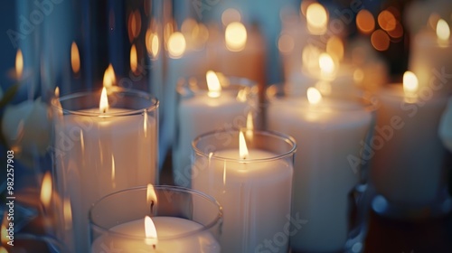 Lit Candles in Glass Holders on Elegant Table Setting 