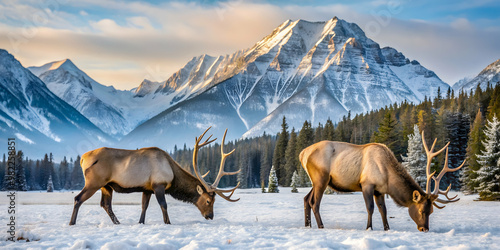 Elks peacefully grazing on snowy patches in Banff National Park during a Winter morning , Elks, grazing, snowy