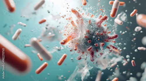 Bacteria producing enzymes to break down antibiotics are depicted in this vibrant image, showcasing interaction between microorganisms and pharmaceutical elements. visual emphasizes dynamic relationsh