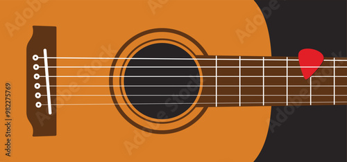 Guitar body, acoustic music and plectrum. Acoustic guitar, six strings. World music day. Sound hole of acoustic string. Guitar terms - headstock, body, neck, bridge, fretboard, truss rod, pickguard.