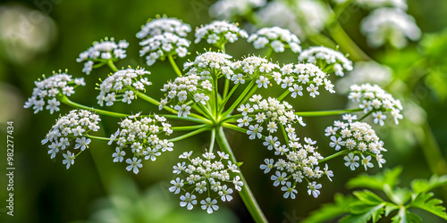 Deadly poison hemlock plant with small white flowers and purple-spotted stems, hemlock, poison, plant