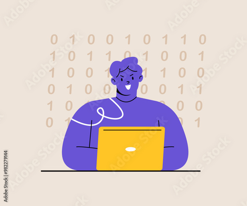 Hacker with laptop computer try to steal passwords. Hacker conceptual. Colorful vector illustration