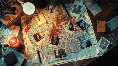 Murder investigation board with bloodstained map, photographs of women, and documents. Detective's desk with evidence of serial killer case. True crime background for a wallpaper