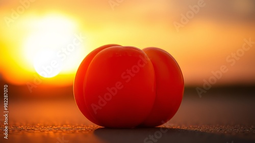 Vibrant orange peach glows warmly in the fading light of a sunset, its gentle curves and ridges beautifully