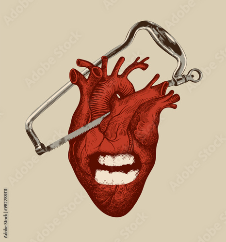 vector illustration on a medical theme with a human heart with a mouth with an aggressive grin and a surgical saw for amputation