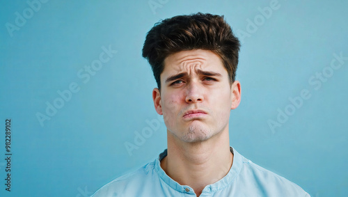 Unhappy young man with sad face, isolated blue background, emotional expression of disappointment and frustration, portrait for mental health topics, website header with copy space. Generative AI