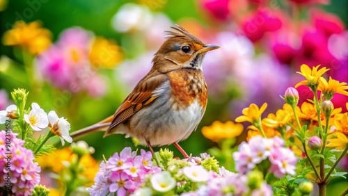 A cony bird stands amidst vibrant flowers and lush greenery, its feathers ruffled by a gentle breeze, emitting a soft chirp