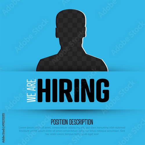 Blue we are hiring flyer banner status template with transparent person silhouette. Minimalistic hiring poster social media status template