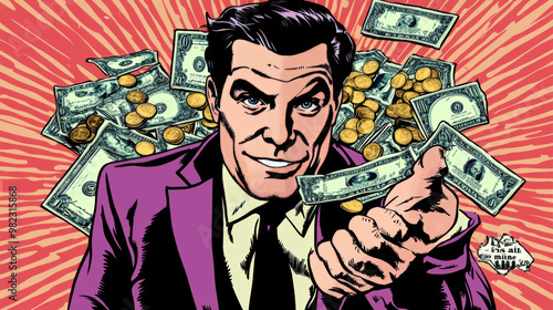 Greed and wealth illustrated in a pop art retro style, featuring a businessman surrounded by dollars, exclaiming It's all mine. Emphasizing emotions and passions related to treasure finds and lottery