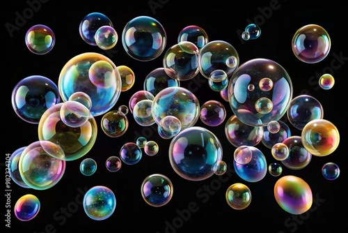 Irksome soap bubbles in various shapes and sizes floating gently in mid-air on a transparent black background