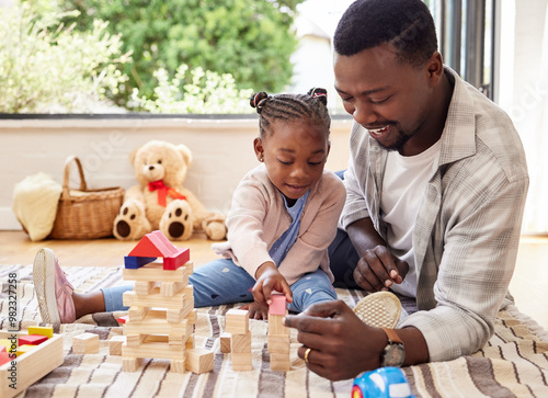 Black man, play and building blocks with girl learning from father on floor of living room. Kid, growth and toys for child development with dad teaching daughter in home lounge for education