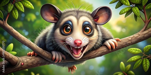 The possum's fierce cry echoed through the forest as it clung to the tree branch, its eyes wide