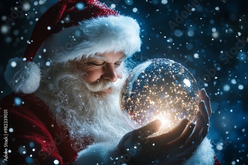 Santa Claus Holding a Glowing Snow Globe