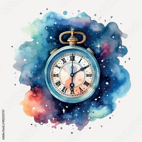 Vintage clock cosmic watercolor art