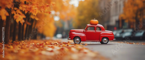 Ute red small retro car with an oversized pumpkin on the roof driving through autumn foliage orange