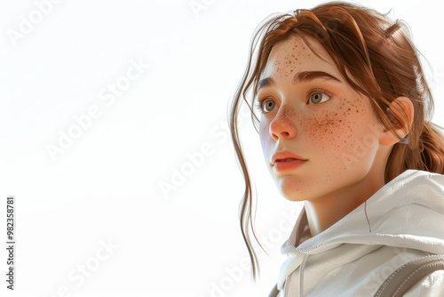 3D showcasing a teenager with light freckles, wearing a casual hoodie. The character’s face is slightly turned, showing a serene expression and a focus on the soft lighting that enhances the realism.