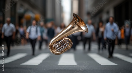 A shiny golden tuba floats in the center of a busy urban crosswalk, with blurred pedestrians walking by, capturing a surreal mix of music and daily city life.