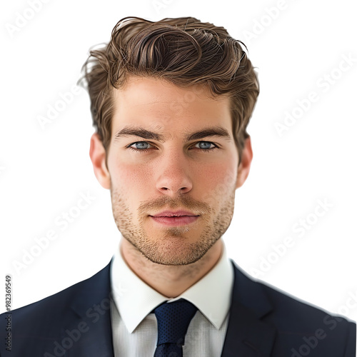 Confident businessman portrait in a suit, professional appearance, isolated background, representing corporate success and leadership.