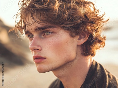 Pensive Young Man at Sunset on the Coastal Shores