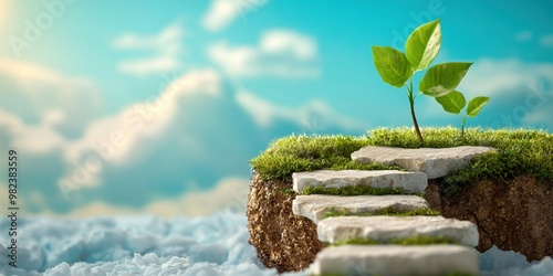 A vibrant green plant grows on a stone pathway leading into a serene sky. Nature's beauty and growth symbolize hope and tranquility.