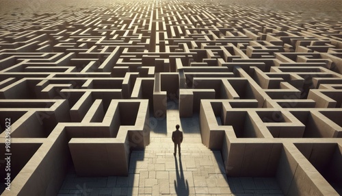 A person stands at the entrance, gazing into the complexity of the maze.