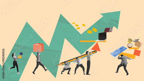 Colleagues carrying various office supplies, work together to raise an upward arrow. Team effort in increasing business growth and productivity. Contemporary art. Concept of risk management, business