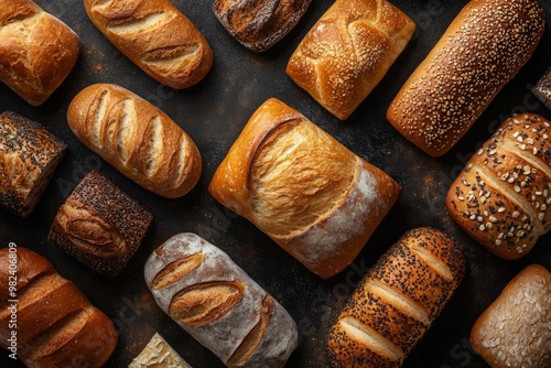 Fresh baked bread background. Top view on variety of bakery products, assortment of baked bread. Fresh wholemeal bread close-up.