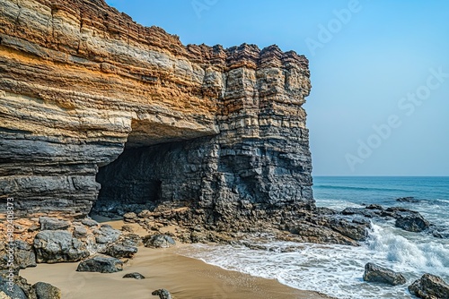 Typical Beach Rock Structure, made up of Basaltic and Igneous Rocks, been constantly eroded from centuries by ocean waves, found in abundance on all the beaches of Western Ghats of India