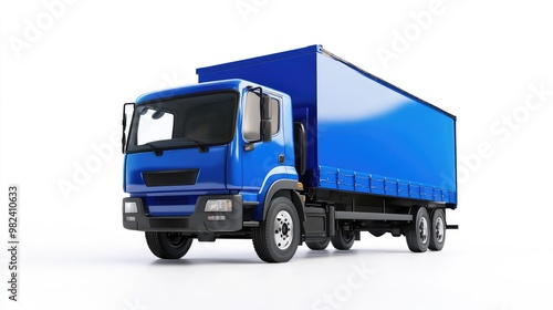 A sleek blue cargo truck isolated against a white background, perfect for commercial use, showcasing industrial logistics and transportation.