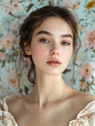 Soft and Feminine Portrait of a Young Woman with Floral Background