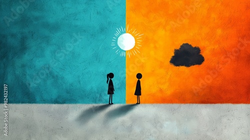 Two people, one walking under a bright sun with a smile and the other under a rain cloud with a frown, symbolizing positive vs negative attitude