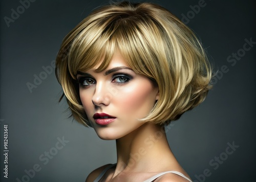 Angled bob haircut features textured layers and feathered bangs, with added volume at the crown for a trendy, piecey look.