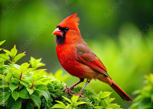 A ravishing male Northern Cardinal sits regally in lush greenery, its bright plumage a pop of vibrant color against a soft, blurry backdrop of verdant foliage.