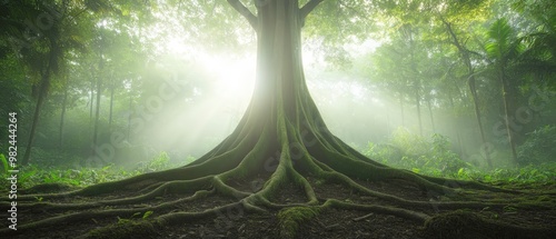 A large tree with its roots visible in the foreground