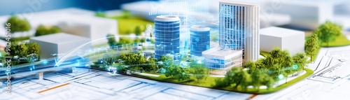 Smart City Development Concept with Building Model and Blueprint