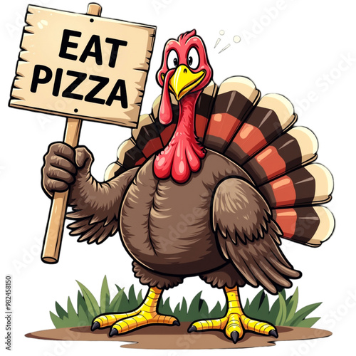 A turkey stands on grass, holding a sign that reads "EAT PIZZA."