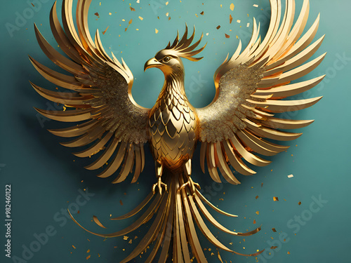 A graceful golden phoenix, a bird of immortal life. symbol of rebirth