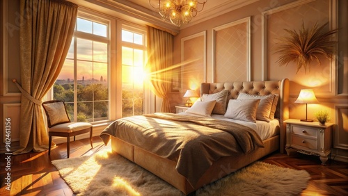 Golden hour sunlight filters through the window, bathing a sumptuous bedroom and a plush bed with rumpled sheets in a warm, inviting glow.