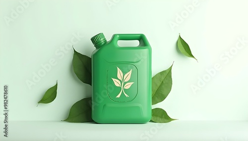 Green fuel container with a plant symbol representing biofuel, bioethanol or biodiesel