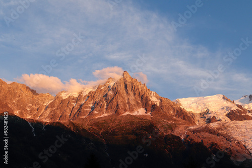 Beautiful light of sunset in Mont Blanc Massif (Alps), from Chamonix in Haute Savoie, France