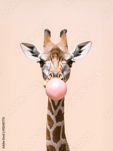 giraffe, with a pink chewing gum on the beige background 