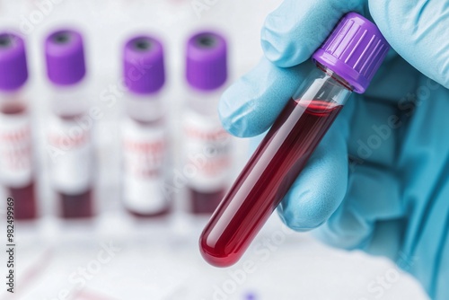  Hand holding a vial of blood after drawing a sample for testing, blood test, health diagnostics.