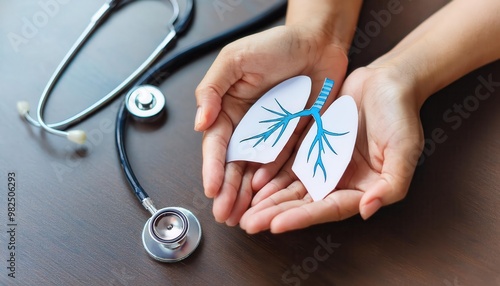 Hands holding a paper lung model with a stethoscope in the background.