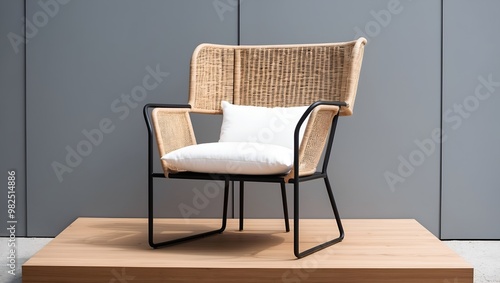 minimalist-style chair with a unique design. The chair has a metal frame with a light brown, wicker-like material forming the backrest and sides