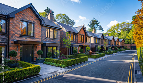 A row of houses with a street in between. The houses are all brick and have a similar design