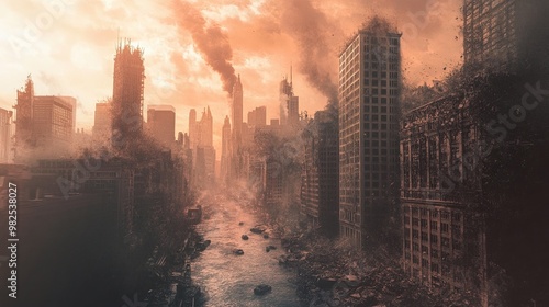 An apocalyptic cityscape, hyperinflation overtaking society, symbols of financial ruin and inflation's impact on daily life