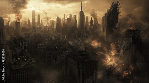 An apocalyptic cityscape, hyperinflation overtaking society, symbols of financial ruin and inflation's impact on daily life