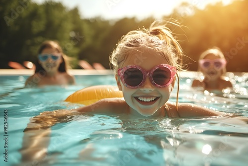 Fun Summer Day: Girls Swimming and Playing in the Pool with Friends and Sunshine